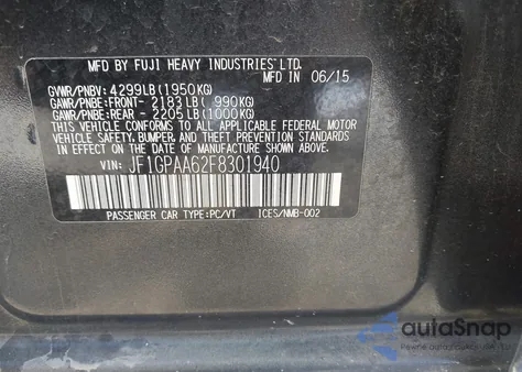 2015 Subaru Impreza 2.0I z USA, uszkodzony, nr VIN JF1GPAA62F8301940